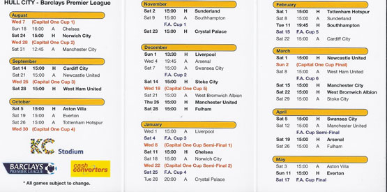 Hull City 2013/14 Football Fixture Card